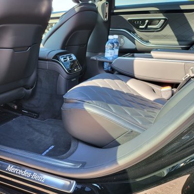 Premium leather interior in the backseat of First Class Mercedes S-Class